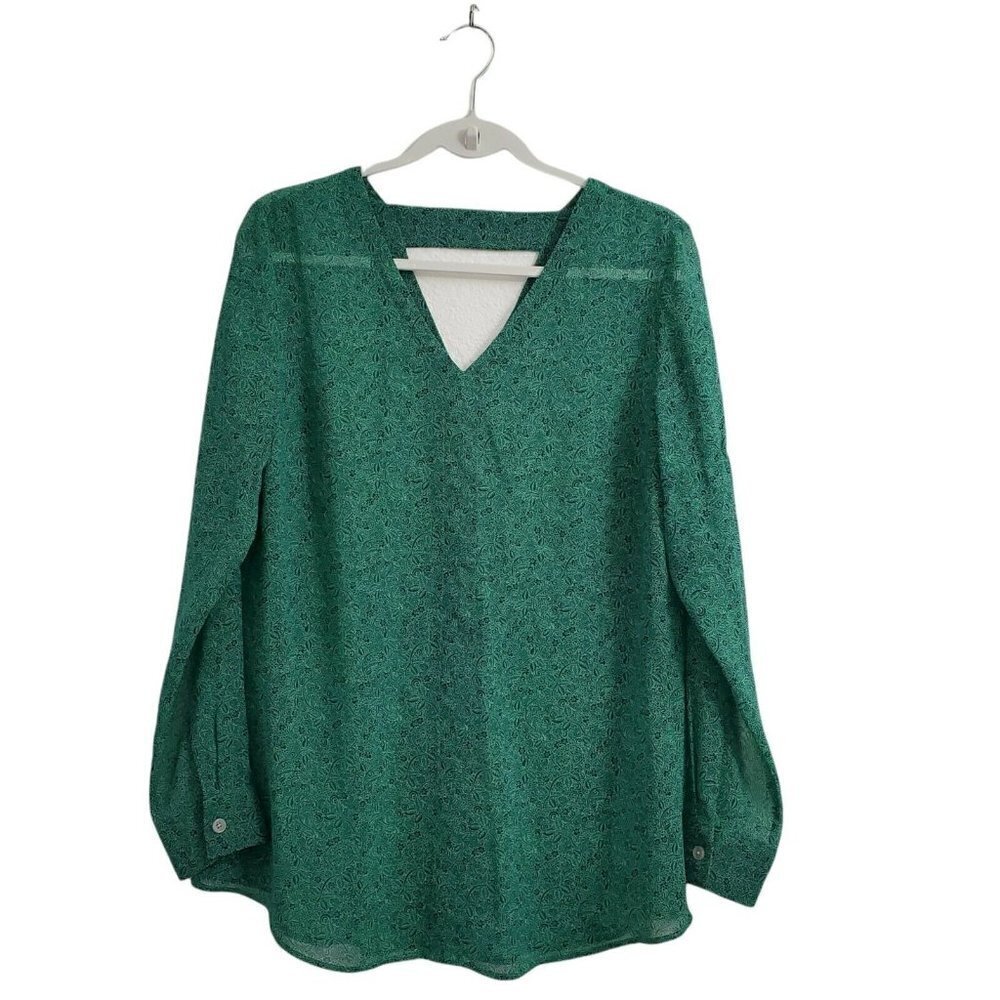 CAbi Blouse Medium Green Paisley Print Bountiful Sheer Cut-Out‎ Back Top